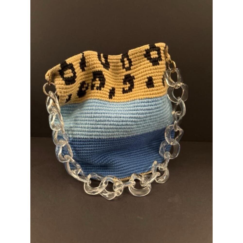 Vintage Soraya Hennessy Blue Beige Animal Print Crochet Bucket Bag‎
